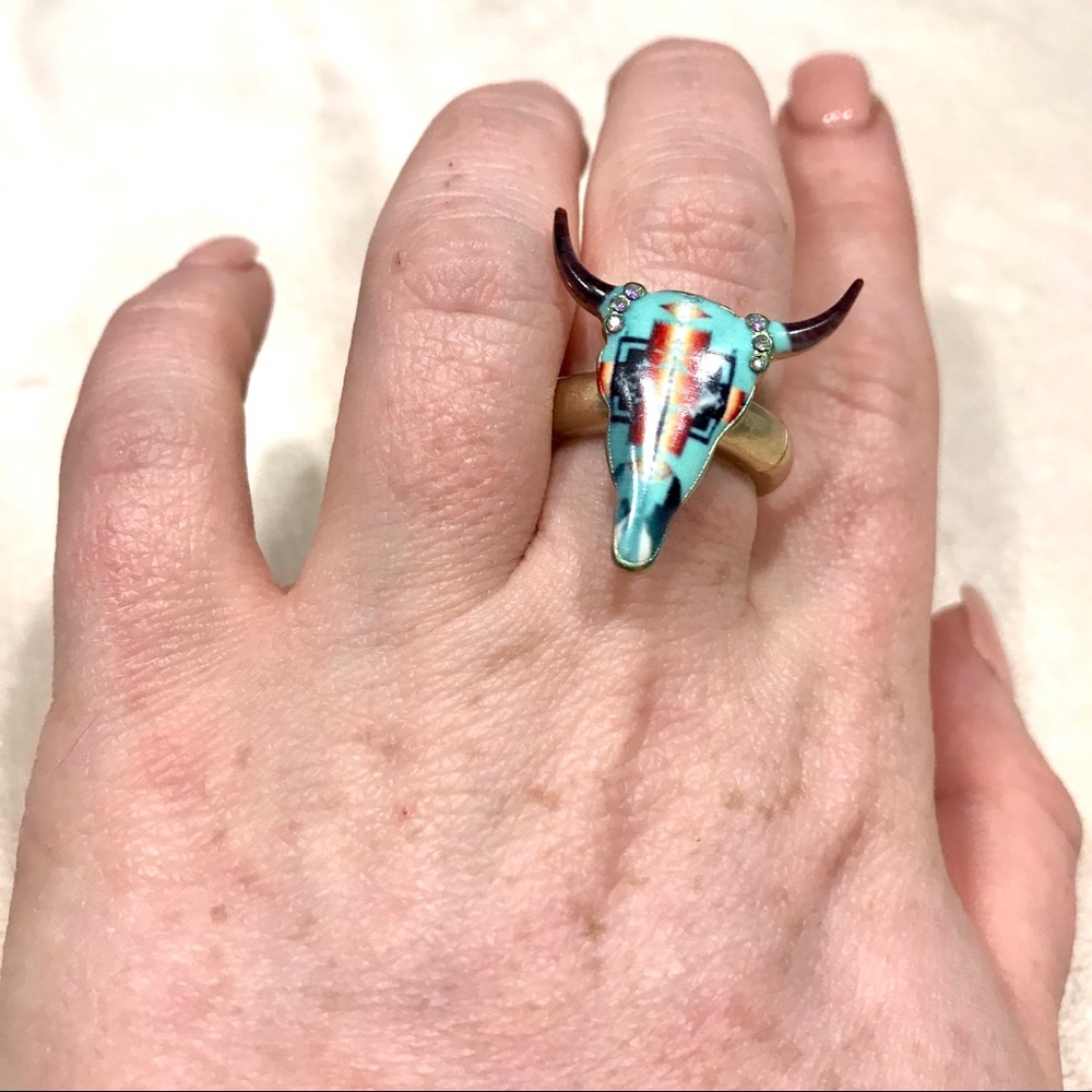 Aztec Print Turquoise Blue Crystal Bull Ring - Picture 4 of 5